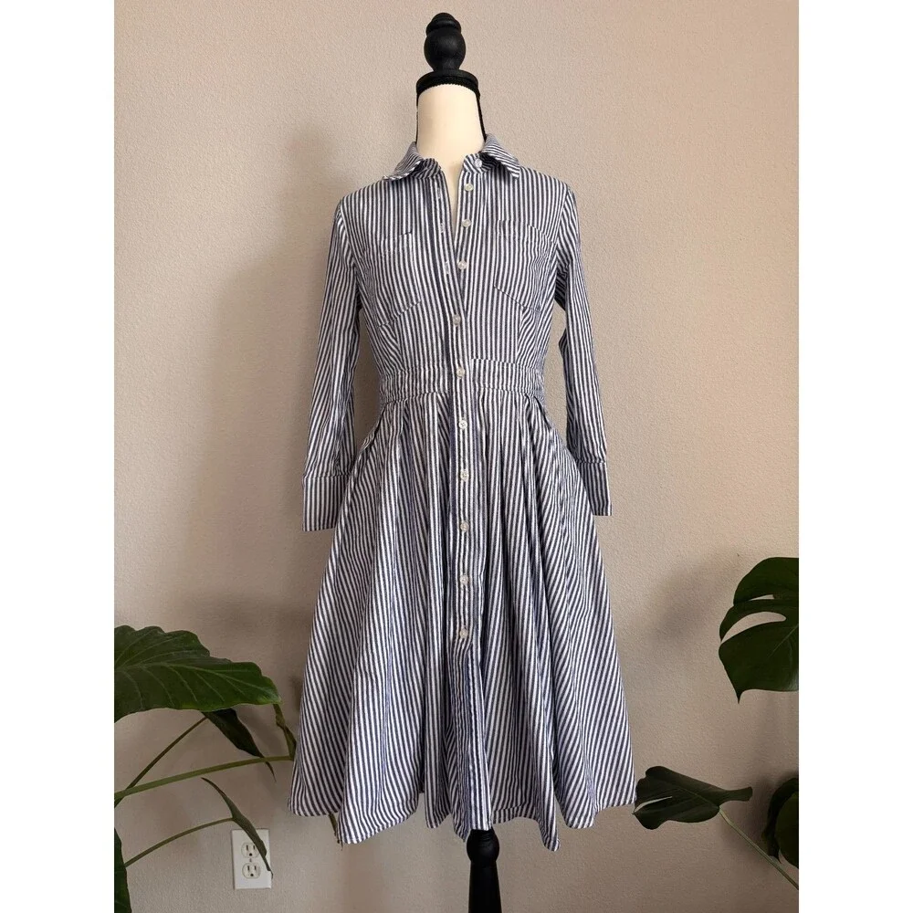 Eliza J Blue White Striped Shirt Dress 100% Cotton Button Front Size 4 Pockets - Picture 1 of 12